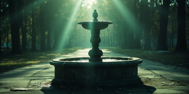 Abandoned stone fountain in an empty urban park with pathways, captured in somber gray and muted green tones