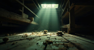 Abandoned barn interior with scattered rodent droppings on wooden floor indicating potential hantavirus risk