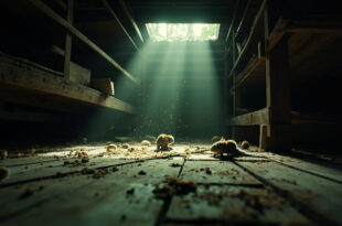 Abandoned barn interior with scattered rodent droppings on wooden floor indicating potential hantavirus risk