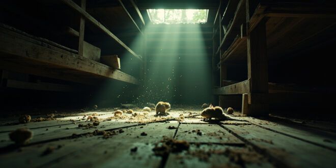 Abandoned barn interior with scattered rodent droppings on wooden floor indicating potential hantavirus risk