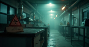 Abandoned laboratory with biohazard warnings and empty equipment in a derelict research facility, highlighting hantavirus threat