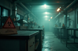 Abandoned laboratory with biohazard warnings and empty equipment in a derelict research facility, highlighting hantavirus threat