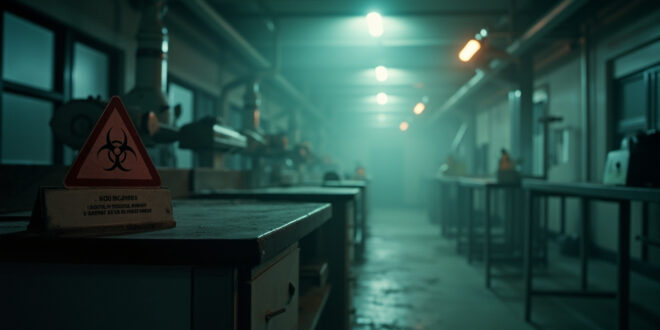 Abandoned laboratory with biohazard warnings and empty equipment in a derelict research facility, highlighting hantavirus threat
