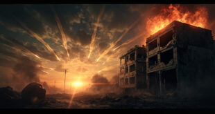 Rocket trails streak across dawn sky above abandoned urban landscape with damaged buildings and empty crater in deserted street