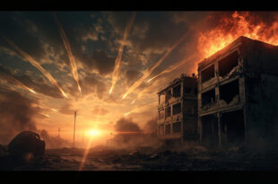 Rocket trails streak across dawn sky above abandoned urban landscape with damaged buildings and empty crater in deserted street