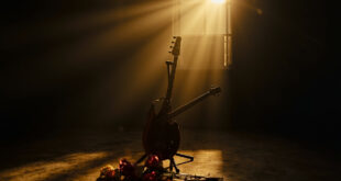 Abandoned bass guitar with wilted flowers on stand in dimly lit empty recording studio, memorial to musician's passing