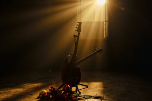 Abandoned bass guitar with wilted flowers on stand in dimly lit empty recording studio, memorial to musician's passing