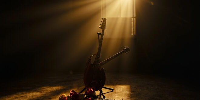 Abandoned bass guitar with wilted flowers on stand in dimly lit empty recording studio, memorial to musician's passing