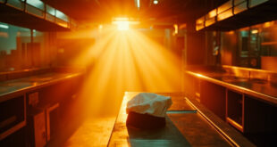 Empty professional kitchen at sunset with chef's hat on counter and unused utensils in abandoned TV studio