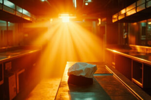 Empty professional kitchen at sunset with chef's hat on counter and unused utensils in abandoned TV studio