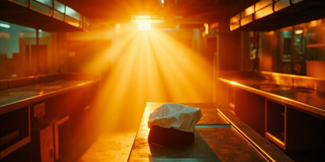 Empty professional kitchen at sunset with chef's hat on counter and unused utensils in abandoned TV studio
