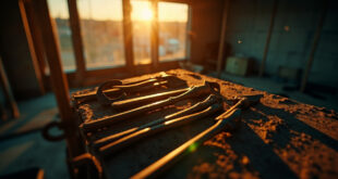 Abandoned house renovation with unused tools on workbench at empty construction site during dusk, bathed in dusty beige light.