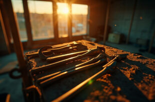Abandoned house renovation with unused tools on workbench at empty construction site during dusk, bathed in dusty beige light.