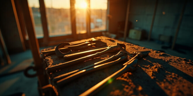 Abandoned house renovation with unused tools on workbench at empty construction site during dusk, bathed in dusty beige light.