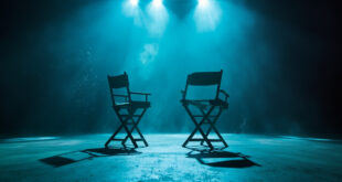Empty director chairs facing away from each other in an abandoned television studio, highlighting tension after filming