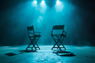 Empty director chairs facing away from each other in an abandoned television studio, highlighting tension after filming