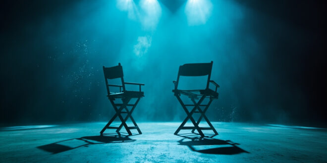 Empty director chairs facing away from each other in an abandoned television studio, highlighting tension after filming