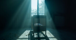 Empty infant crib with forensic evidence markers in dimly lit abandoned apartment during investigation