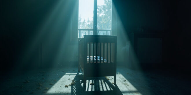 Empty infant crib with forensic evidence markers in dimly lit abandoned apartment during investigation