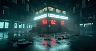 Abandoned convention booth with scattered promotional materials in an empty hall after alleged assault incident