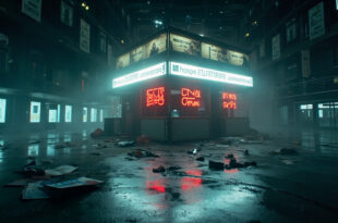 Abandoned convention booth with scattered promotional materials in an empty hall after alleged assault incident