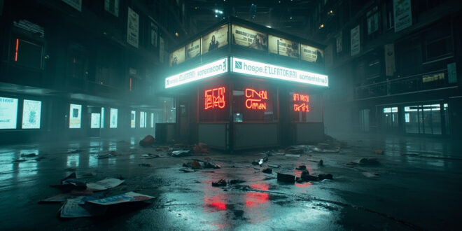 Abandoned convention booth with scattered promotional materials in an empty hall after alleged assault incident