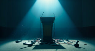 Empty federal press room podium with abandoned microphones, dramatically lit in stark white and blue lighting