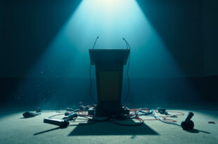 Empty federal press room podium with abandoned microphones, dramatically lit in stark white and blue lighting