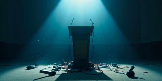 Empty federal press room podium with abandoned microphones, dramatically lit in stark white and blue lighting