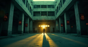 Abandoned American high school courtyard with locked entrance doors, institutional gray and safety red colors visible