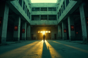 Abandoned American high school courtyard with locked entrance doors, institutional gray and safety red colors visible