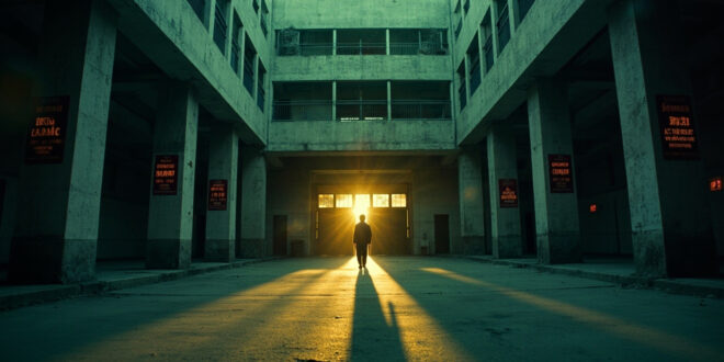 Abandoned American high school courtyard with locked entrance doors, institutional gray and safety red colors visible