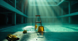 Deserted public swimming pool after security incident, abandoned lifeguard chair visible with yellow safety equipment