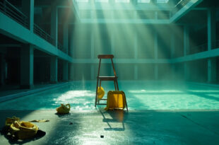 Deserted public swimming pool after security incident, abandoned lifeguard chair visible with yellow safety equipment