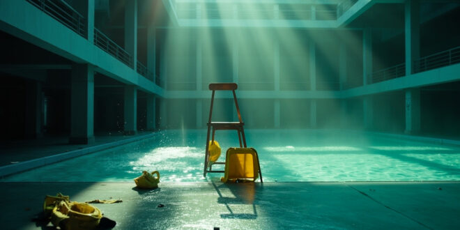 Deserted public swimming pool after security incident, abandoned lifeguard chair visible with yellow safety equipment