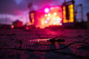 Abandoned syringe on concrete amid empty festival grounds at dusk, with scattered debris near a deserted stage