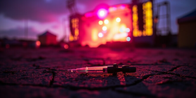 Abandoned syringe on concrete amid empty festival grounds at dusk, with scattered debris near a deserted stage