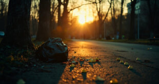 Evidence markers and discarded black plastic bag in deserted urban park at dawn during criminal investigation