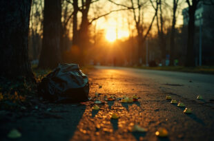 Evidence markers and discarded black plastic bag in deserted urban park at dawn during criminal investigation