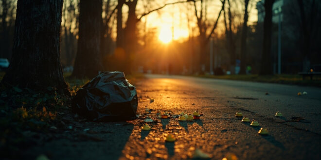 Evidence markers and discarded black plastic bag in deserted urban park at dawn during criminal investigation