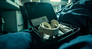 Empty police duty belt with depleted first aid supplies hanging in sterile medical equipment room, highlighting safety concerns