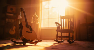 Empty rocking chair beside acoustic guitar in peaceful nursery with baby mobile, bathed in soft pink and gold light