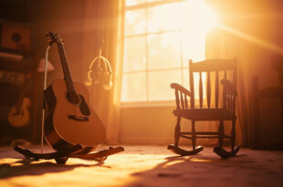Empty rocking chair beside acoustic guitar in peaceful nursery with baby mobile, bathed in soft pink and gold light