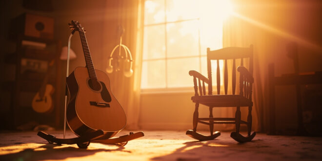 Empty rocking chair beside acoustic guitar in peaceful nursery with baby mobile, bathed in soft pink and gold light