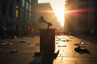 Abandoned protest banners and an empty megaphone on a podium in a deserted city square after a political rally