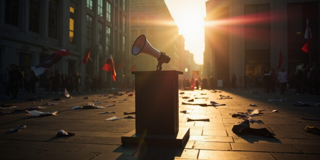 Abandoned protest banners and an empty megaphone on a podium in a deserted city square after a political rally