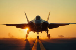 Solitary F-35B fighter jet on deserted international airport runway at dusk, bathed in amber light