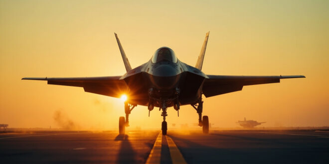 Solitary F-35B fighter jet on deserted international airport runway at dusk, bathed in amber light