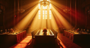 Ornate empty dining table with floral centerpieces prepared for diplomatic reception in abandoned royal palace hall