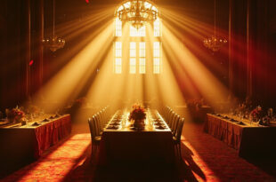 Ornate empty dining table with floral centerpieces prepared for diplomatic reception in abandoned royal palace hall